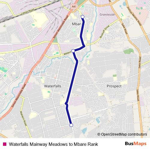 Waterfalls Mainway Meadows to Mbare Rank bus Line Map
