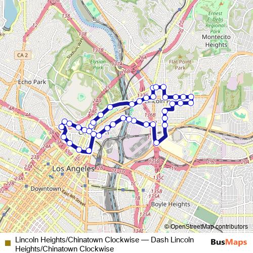 Lincoln Heights/Chinatown Clockwise bus Line Map