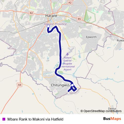 Mbare Rank to Makoni via Hatfield bus Line Map