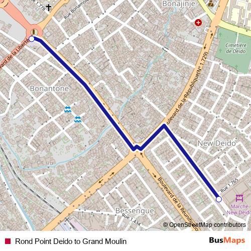 Rond Point Deido to Grand Moulin bus Line Map
