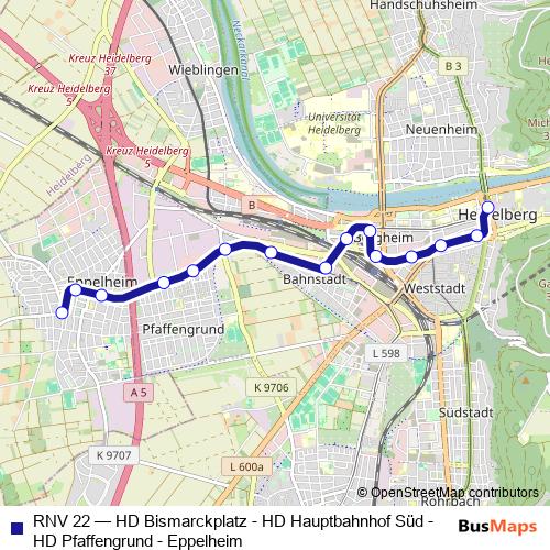 RNV 22 tram Line Map
