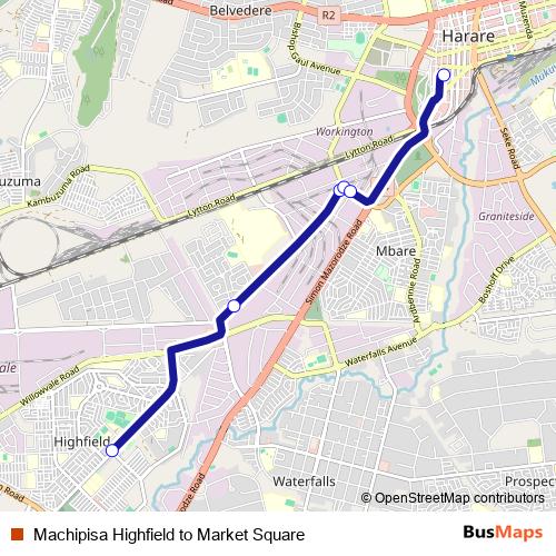 Machipisa Highfield to Market Square bus Line Map