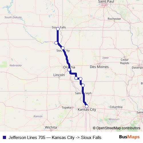 Jefferson Lines 705 bus Line Map