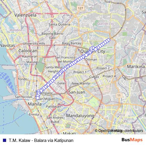 T.M. Kalaw - Balara via Katipunan bus Line Map