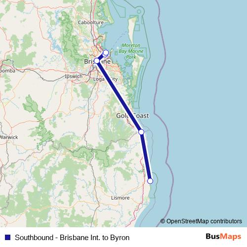 Southbound - Brisbane Int. to Byron bus Line Map