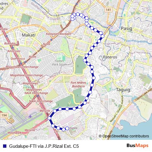 Gudalupe-FTI via J.P.Rizal Ext. C5 bus Line Map