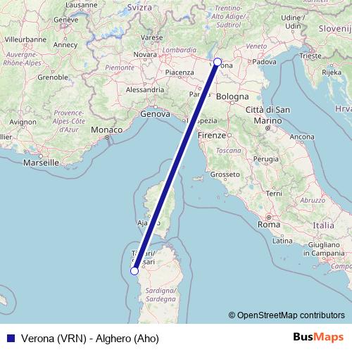 Verona (VRN) - Alghero (Aho) air Line Map