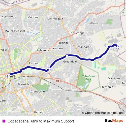 Copacabana Rank to Maximum Support bus Line Map