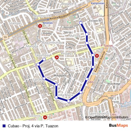 Cubao - Proj. 4 via P. Tuazon bus Line Map