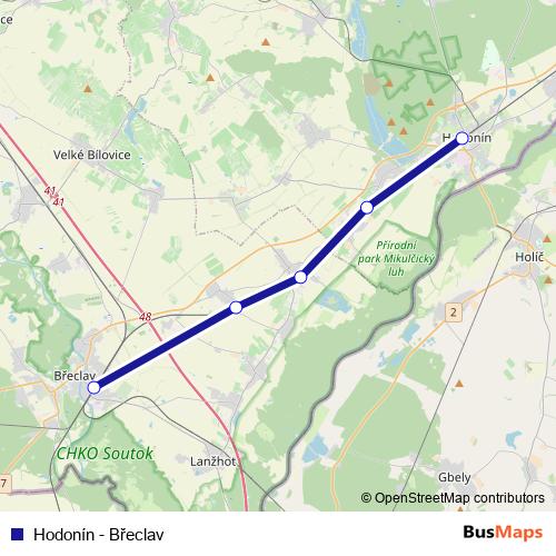 Hodonín - Břeclav rail Line Map