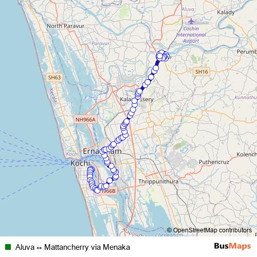 Aluva ↔ Mattancherry via Menaka bus Line Map