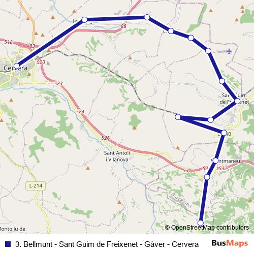 3. Bellmunt - Sant Guim de Freixenet - Gàver - Cervera bus Line Map