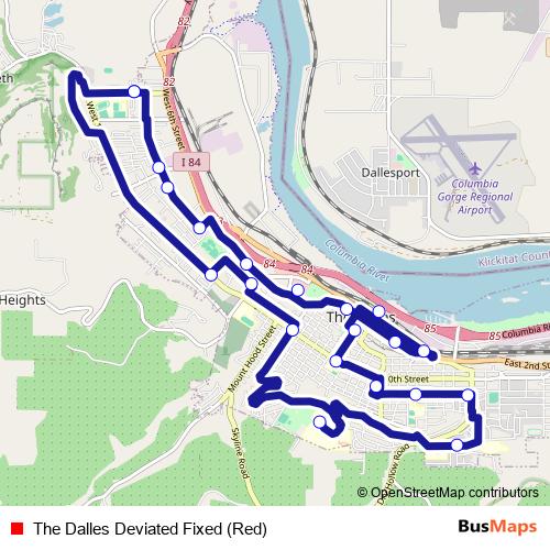 The Dalles Deviated Fixed (Red) bus Line Map