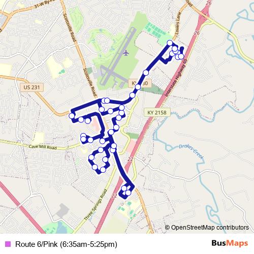 Route 6/Pink (6:35am-5:25pm) bus Line Map