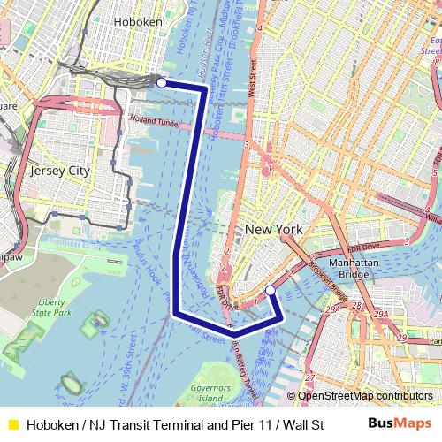 Hoboken / NJ Transit Terminal and Pier 11 / Wall St ferry Line Map