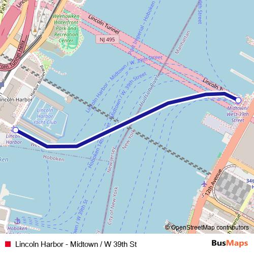 Lincoln Harbor - Midtown / W 39th St ferry Line Map