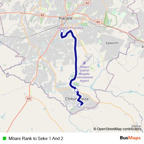 Mbare Rank to Seke 1 And 2 bus Line Map