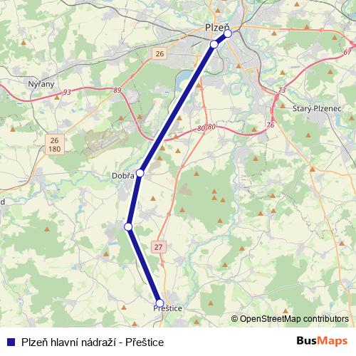 Plzeň hlavní nádraží - Přeštice rail Line Map