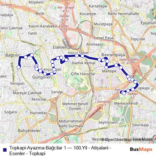 Topkapi-Ayazma-Bağcilar 1 bus Line Map