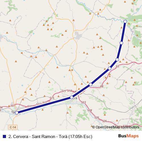 2. Cervera - Sant Ramon - Torà (17:05h Esc) bus Line Map