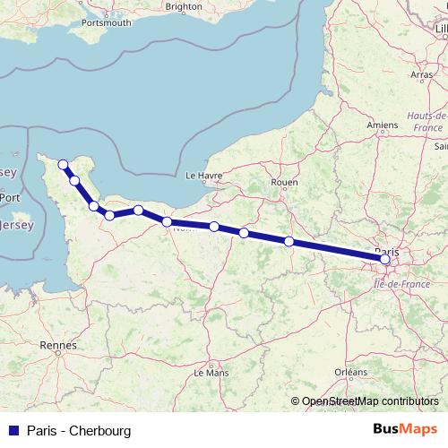 Paris - Cherbourg rail Line Map