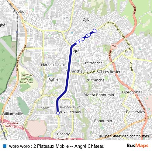 woro woro : 2 Plateaux Mobile ↔ Angré Château bus Line Map