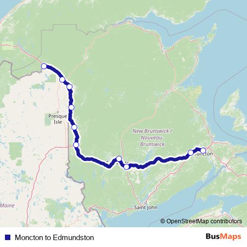 Moncton to Edmundston bus Line Map