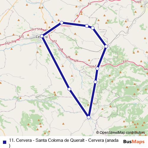 11. Cervera - Santa Coloma de Queralt - Cervera (anada) bus Line Map