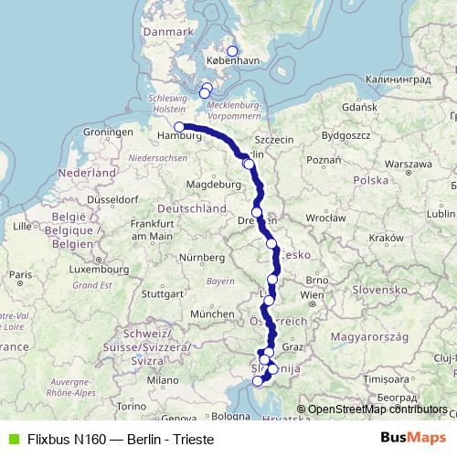 Flixbus N160 bus Line Map