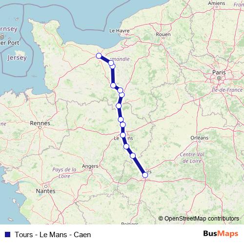 Tours - Le Mans - Caen rail Line Map