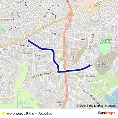 woro woro : 9 kilo ↔ Akouédo bus Line Map