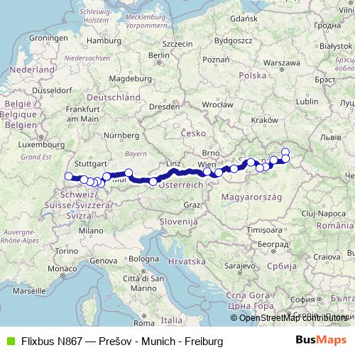 Flixbus N867 bus Line Map