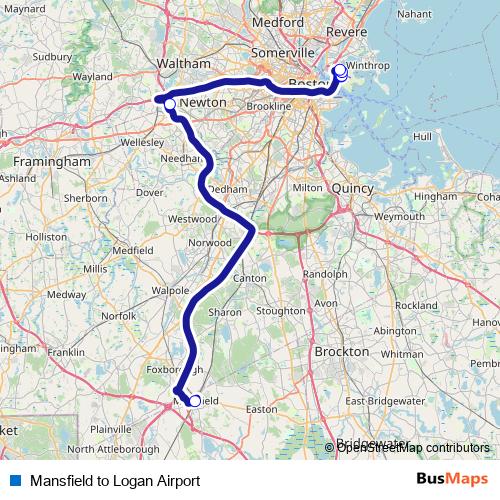 Mansfield to Logan Airport bus Line Map