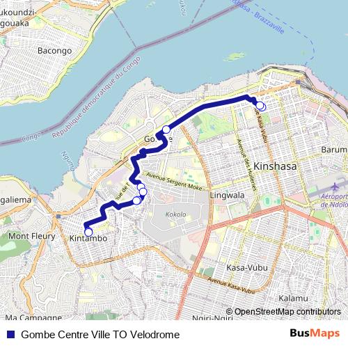 Gombe Centre Ville TO Velodrome bus Line Map