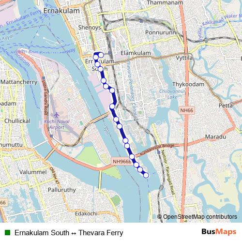 Ernakulam South ↔ Thevara Ferry bus Line Map