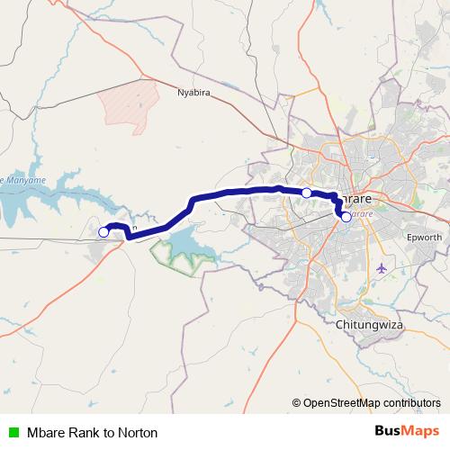 Mbare Rank to Norton bus Line Map