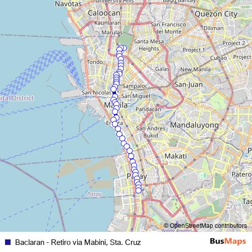 Baclaran - Retiro via Mabini, Sta. Cruz bus Line Map