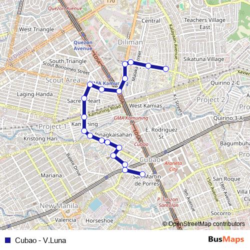 Cubao - V.Luna bus Line Map