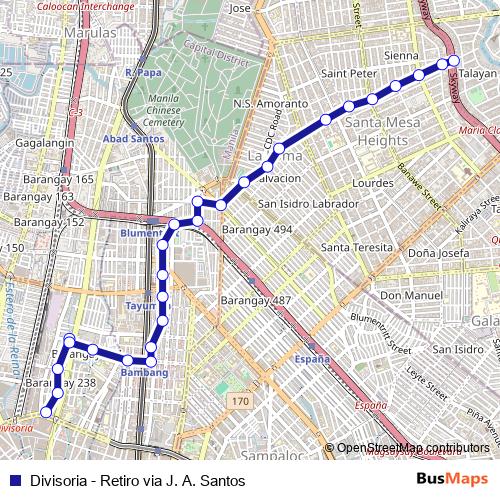 Divisoria - Retiro via J. A. Santos bus Line Map