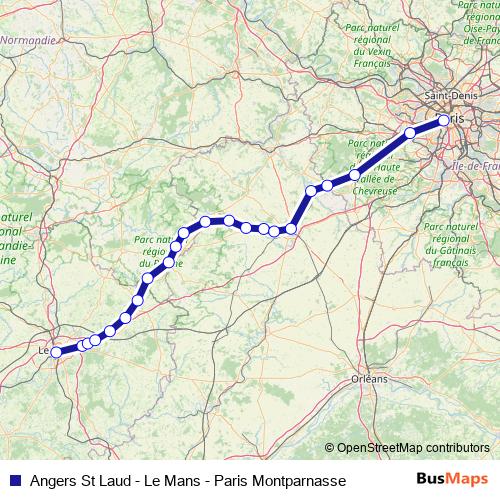 Angers St Laud - Le Mans - Paris Montparnasse rail Line Map