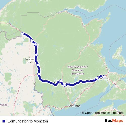 Edmundston to Moncton bus Line Map