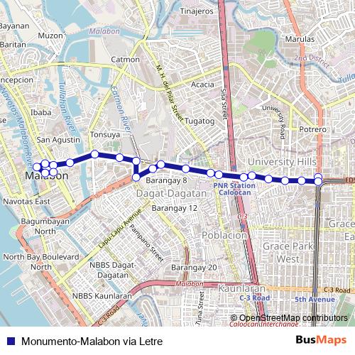 Monumento-Malabon via Letre bus Line Map