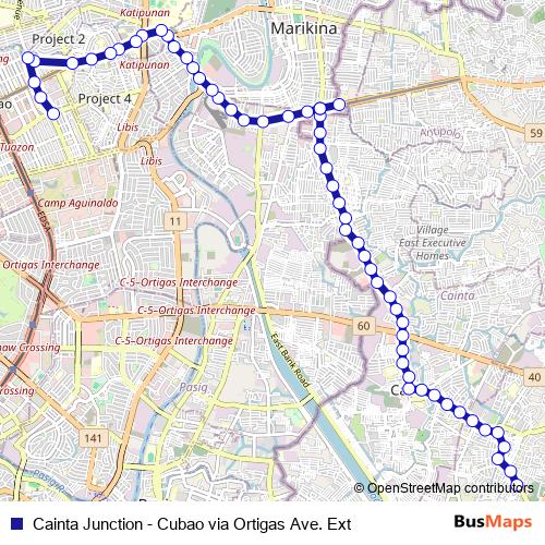 Cainta Junction - Cubao via Ortigas Ave. Ext bus Line Map