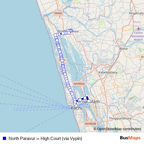 North Paravur ↔ High Court (via Vypin) bus Line Map