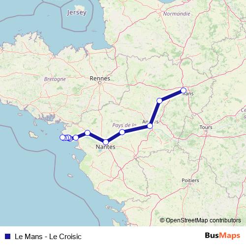 Le Mans - Le Croisic rail Line Map