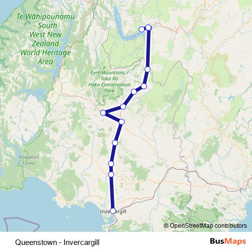 Queenstown - Invercargill bus Line Map