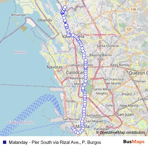 Malanday - Pier South via Rizal Ave., P. Burgos bus Line Map