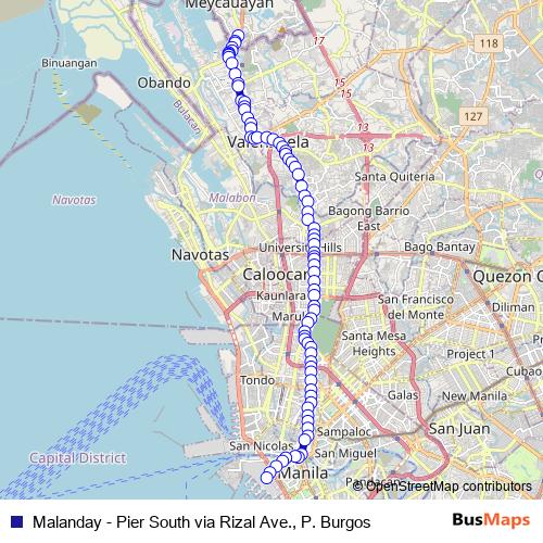 Malanday - Pier South via Rizal Ave., P. Burgos bus Line Map