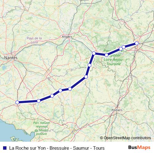 La Roche sur Yon - Bressuire - Saumur - Tours rail Line Map