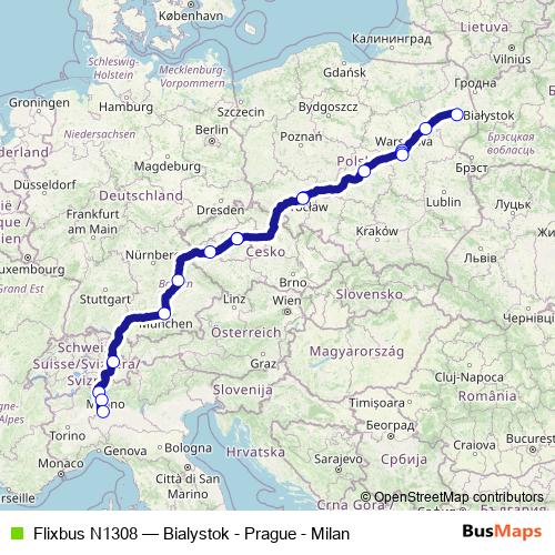 Flixbus N1308 bus Line Map